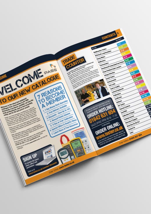 Inside welcome and contents pages of the PASS tool and test equipment catalogue