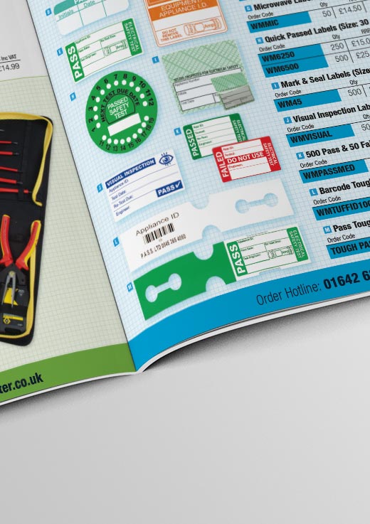 Right hand PAT testing labels page of the PASS tool and test equipment catalogue