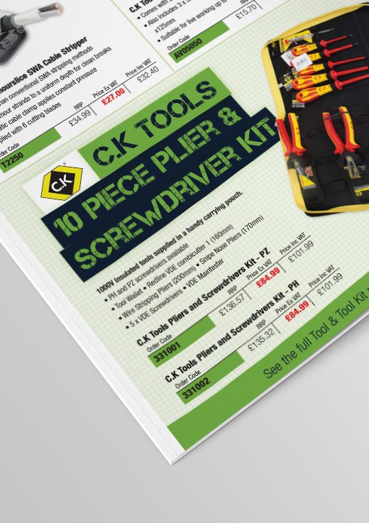 Left hand C.K Tools Screwdriver Kit promo page of the PASS tool and test equipment catalogue