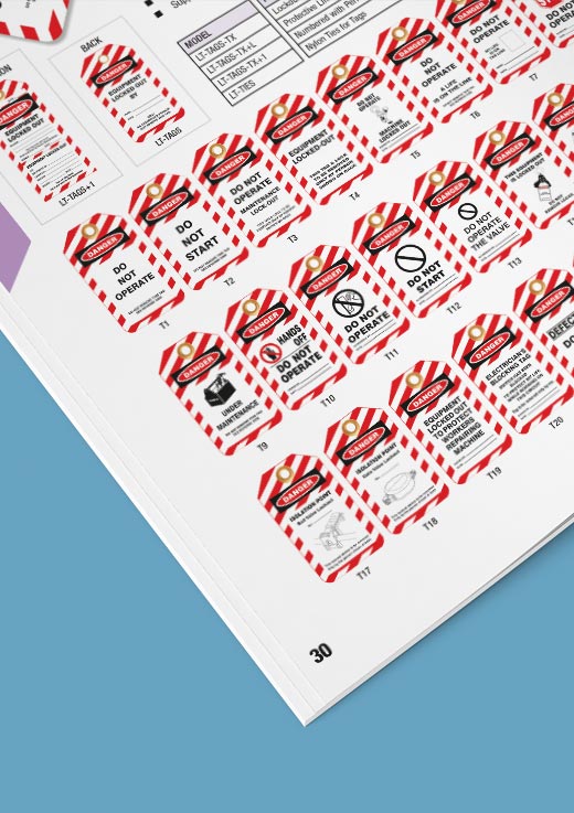 Close-up of the left hand safety tags page from the Lockout Lock catalogue